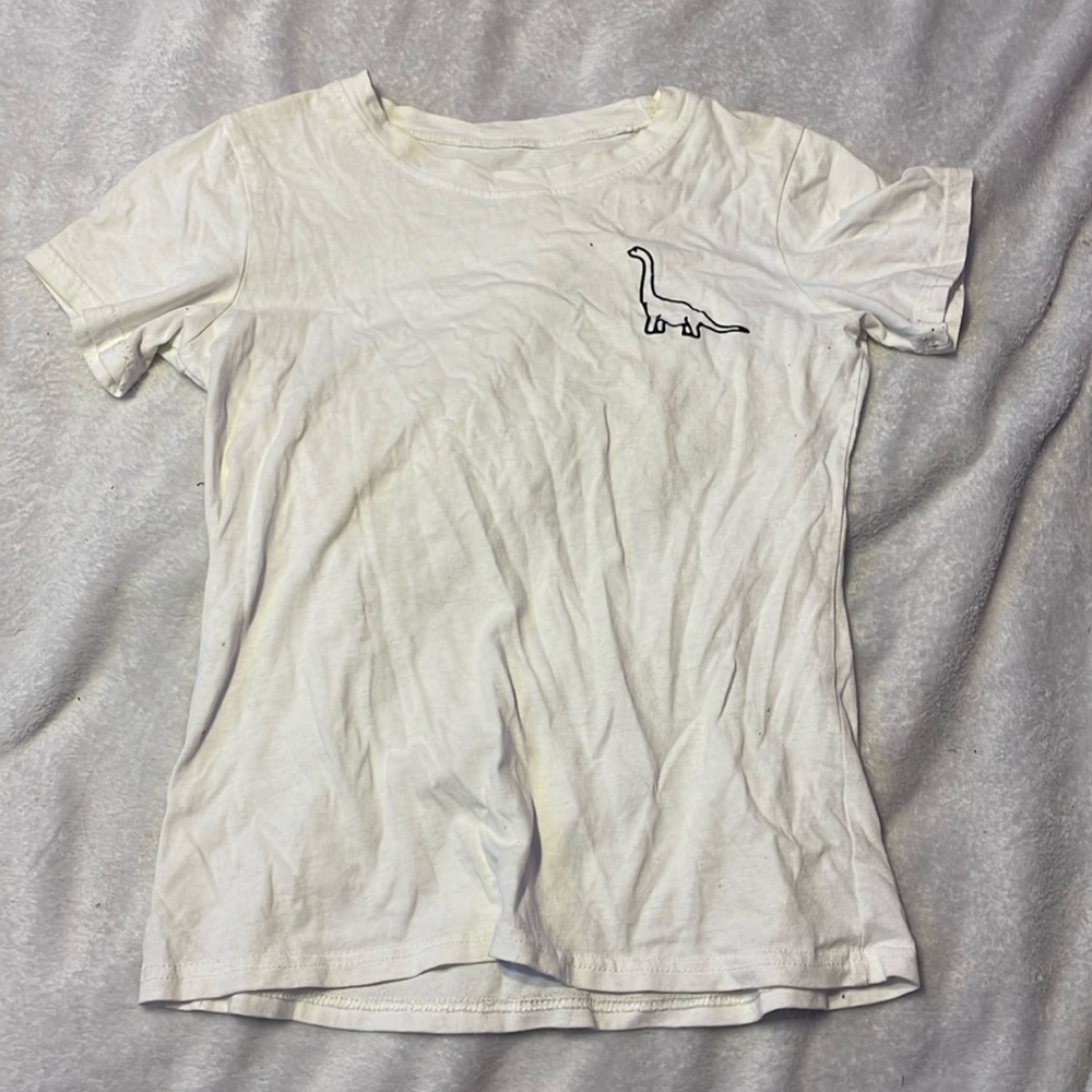White tee with black outline dinosaur small